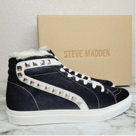 Steve Madden Tracey Leather Upper Faux Fur Studded Sneakers Booties Lace - Picture 1 of 5